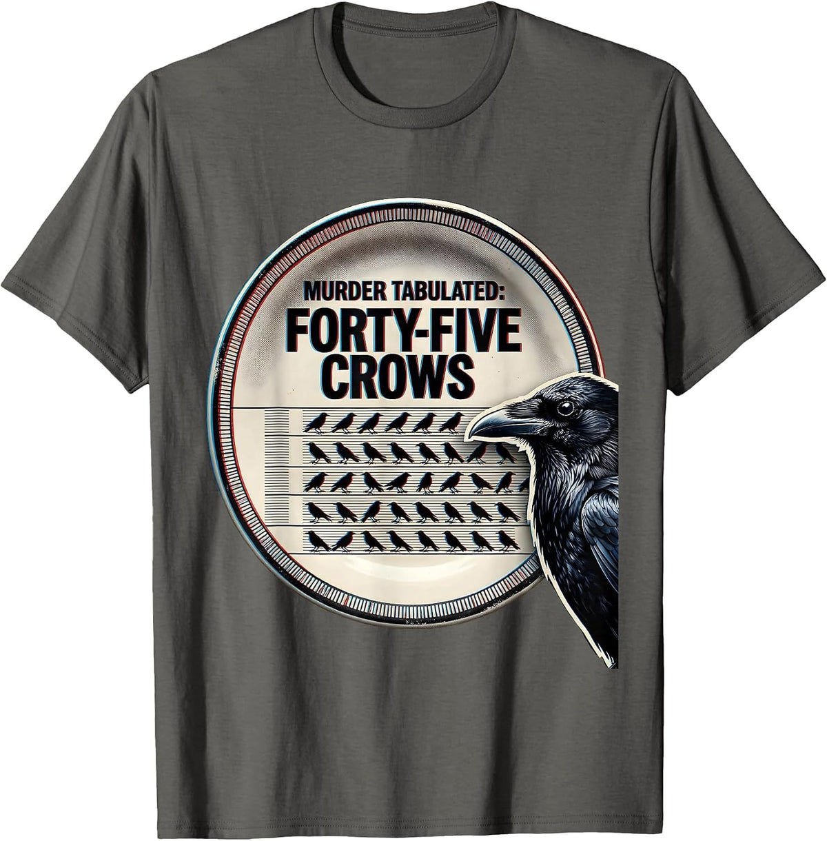 Men's Murder Tabulated: Forty-Five Crows Dark Humor Gothic Bird T-Shirt - Asphalt Grey
