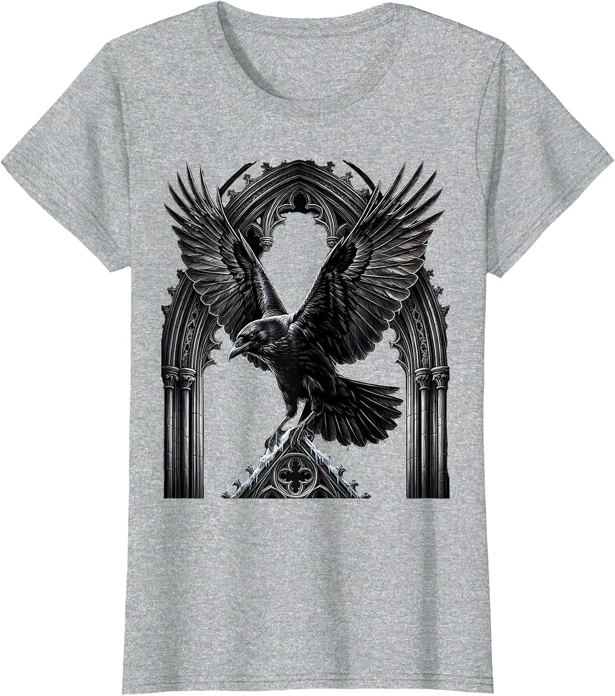 Crow Mid-Dive Spread Wings Illustration T-Shirt - Heather Grey