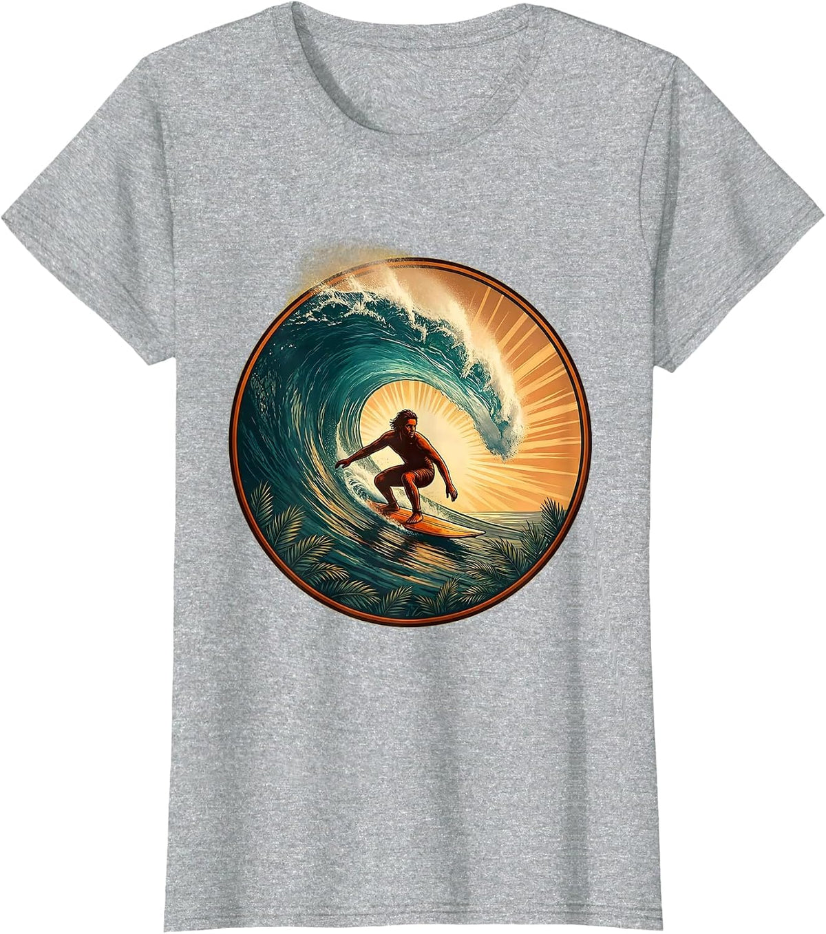 Retro Surfer Riding Massive Curling Wave T-Shirt - Heather Grey