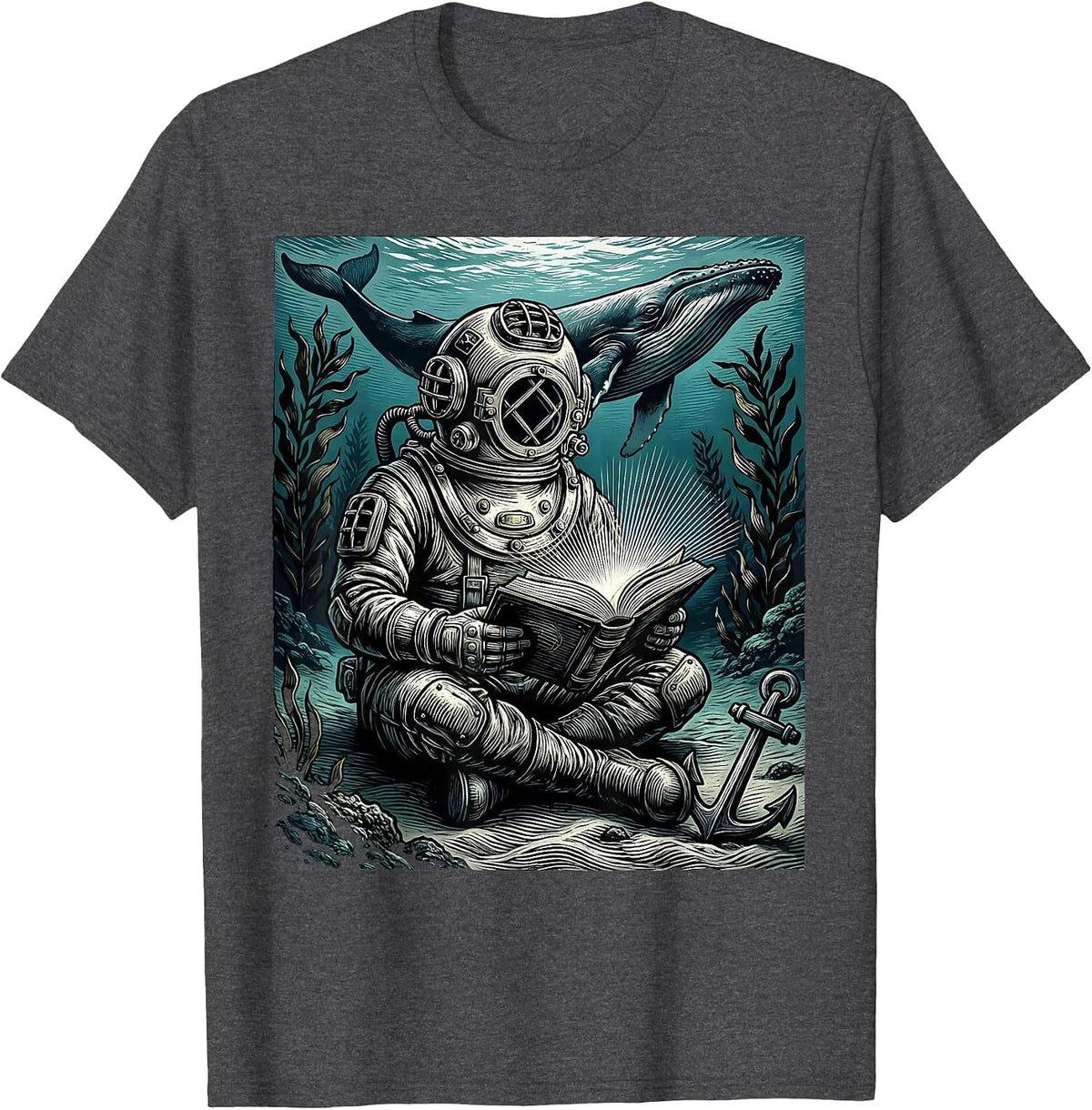 Deep Sea Diver Reading Book Underwater Art T-Shirt - Dark Heather Grey