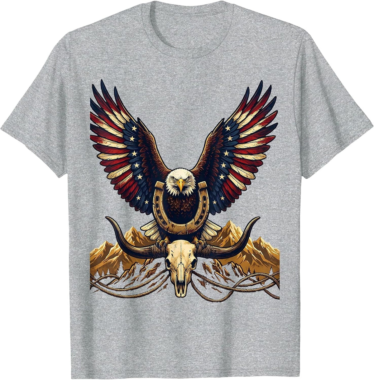 Men's Bald Eagle Soaring Over Mountains Red White Blue T-Shirt - Heather Grey