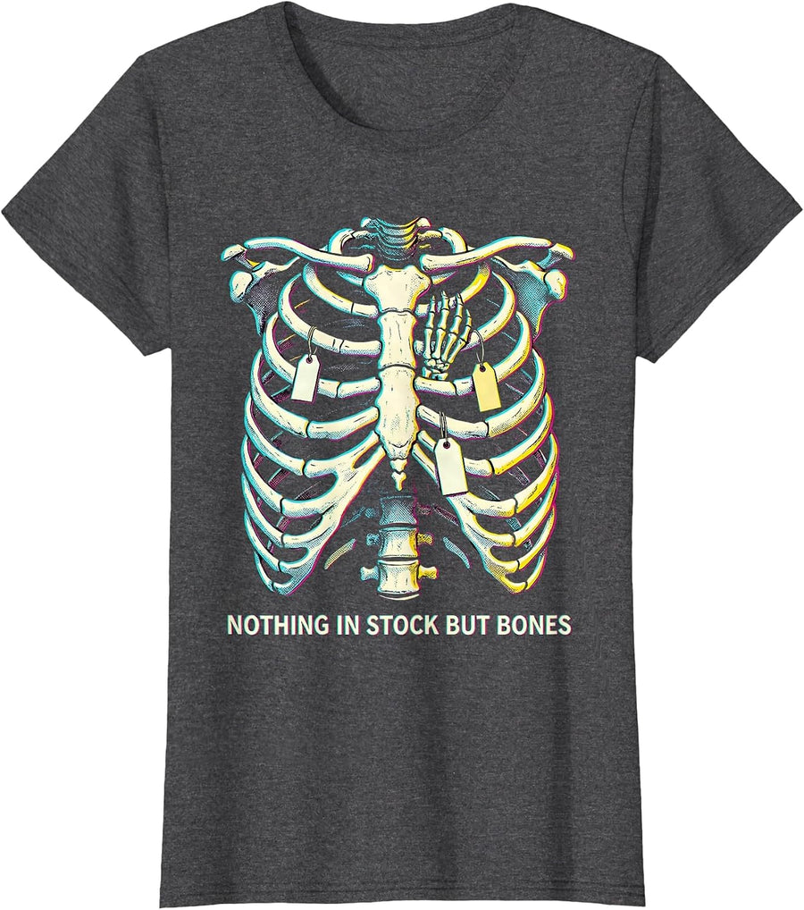 Women's Nothing In Stock But Bones Funny Pharmacy Tech Halloween T-Shirt - Dark Heather Grey