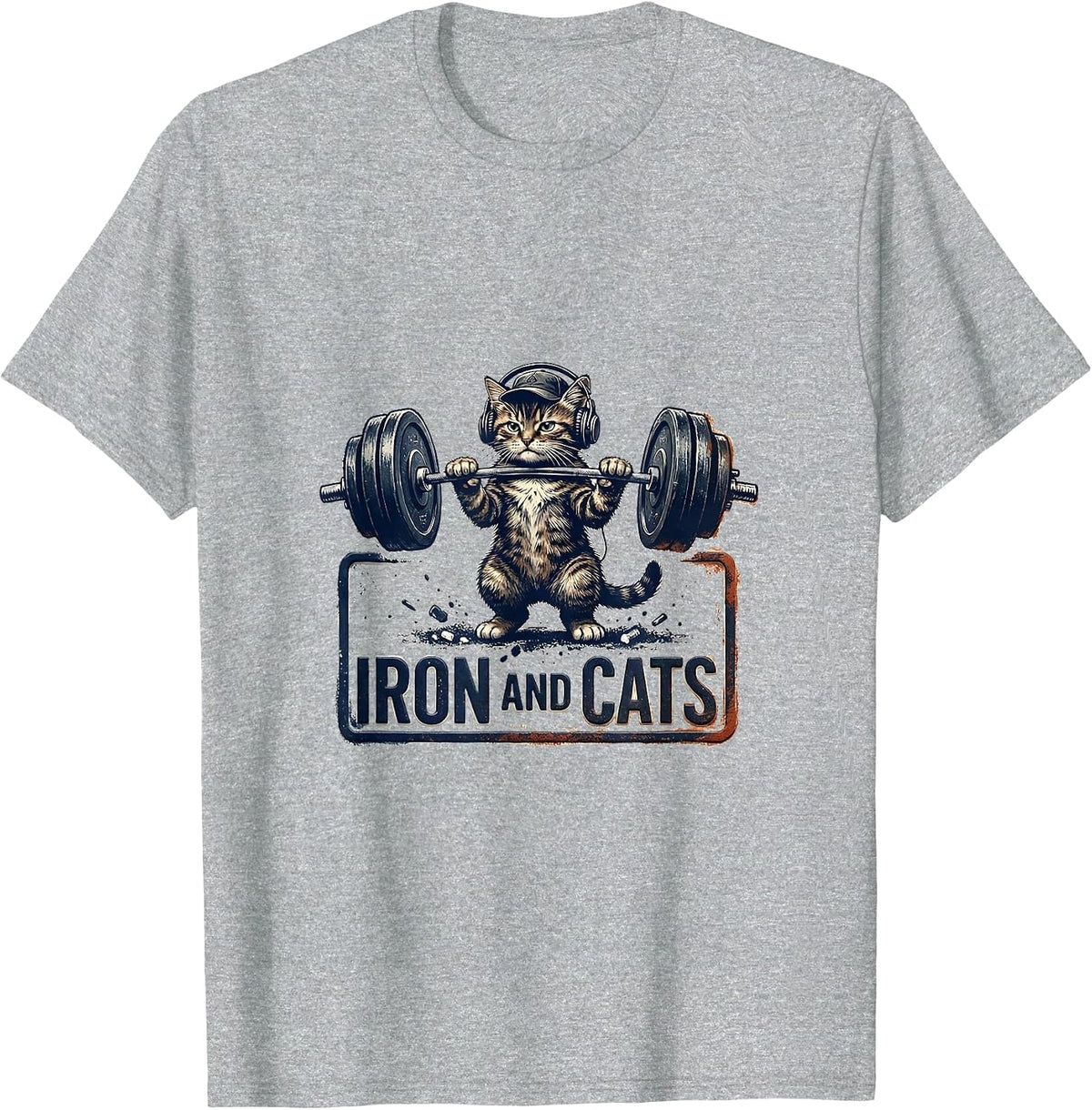 Men's Iron And Cats Rubber Stamp Funny Gym Workout Cat T-Shirt - Heather Grey