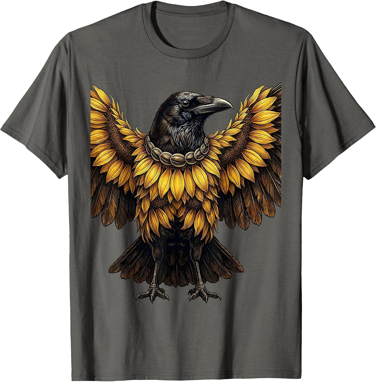 Crow with Sunflower Petal Feathers Illustration T-Shirt - Asphalt Grey