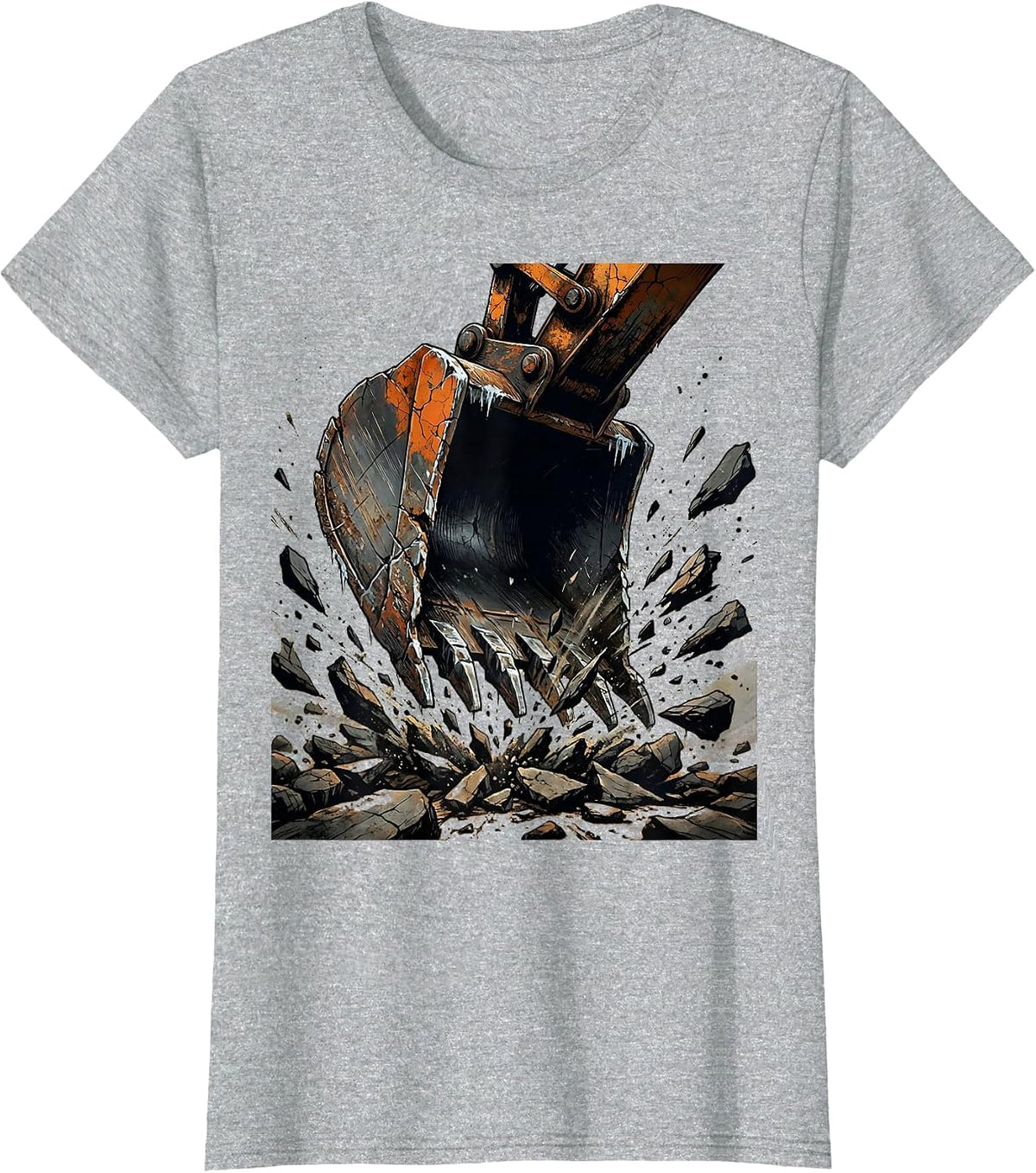 Excavator Bucket Breaking Rock Ground Illustration T-Shirt - Heather Grey
