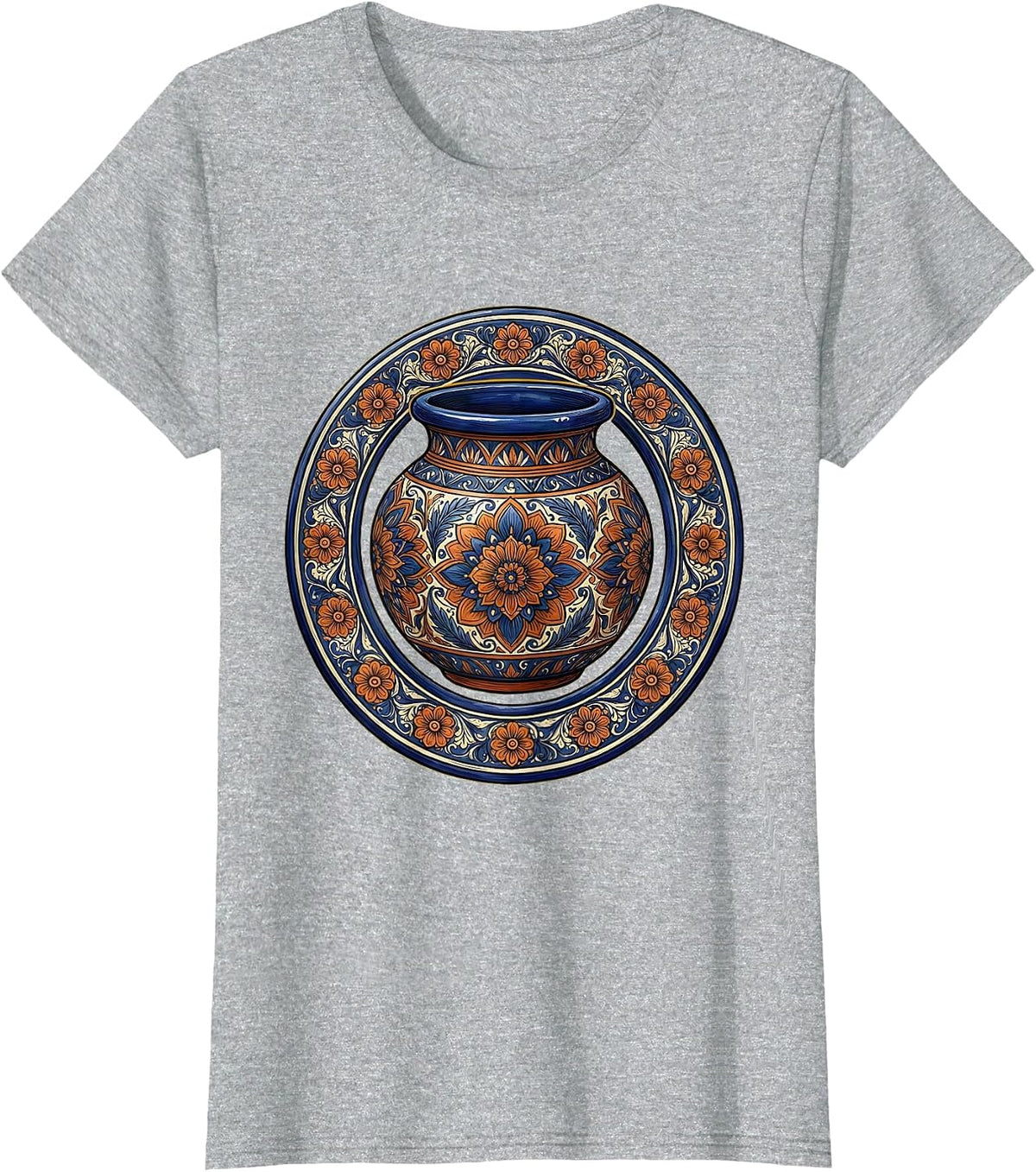 Mexican Talavera Pottery Floral Art Design T-Shirt - Heather Grey