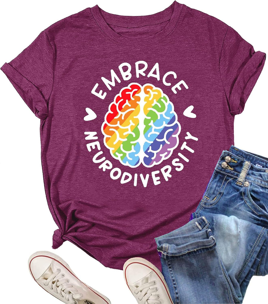 Womens Neurodiversity Shirt Autism Awareness Tshirts Mental Health Awareness Short Sleeve Tops - Purple
