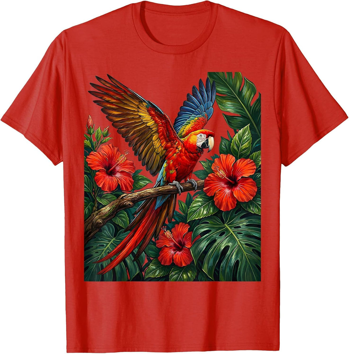 Men's Tropical Parrot Hibiscus Hawaiian Art Design T-Shirt - Red
