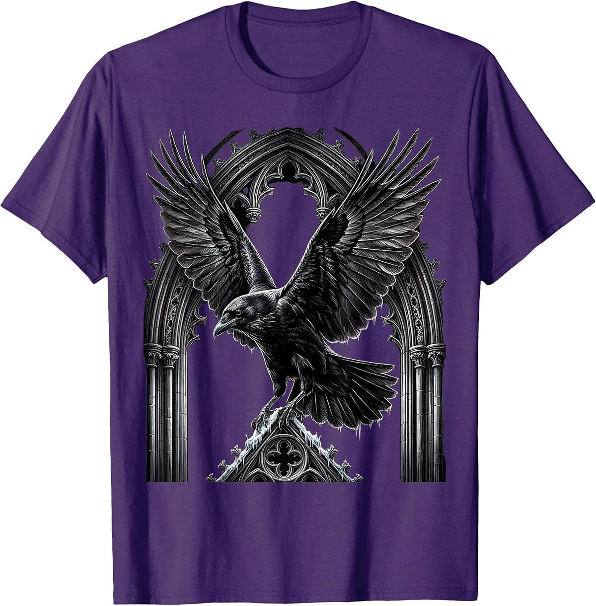 Crow Mid-Dive Spread Wings Illustration T-Shirt - Purple