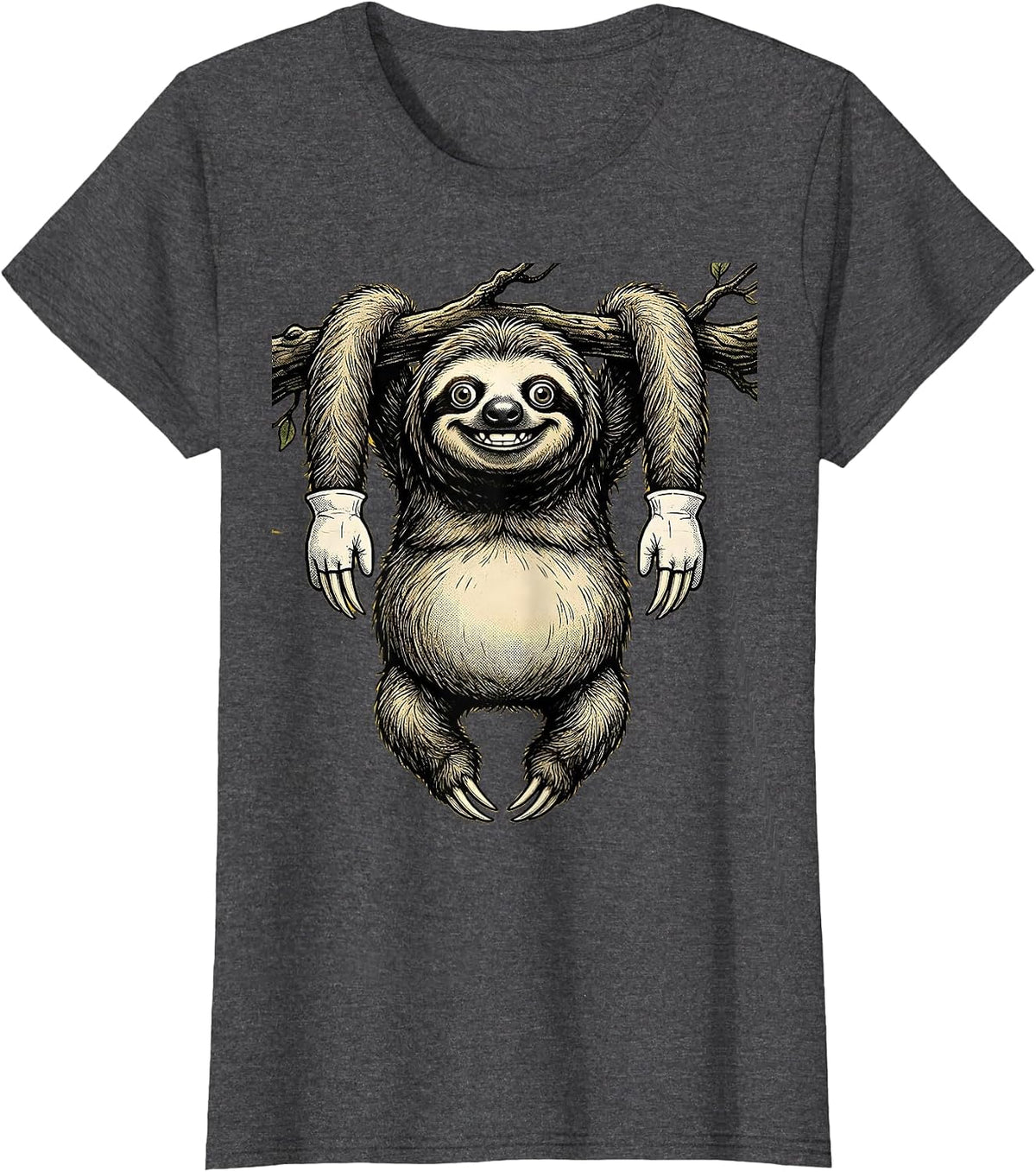 Women's Derpy Sloth Hanging Upside Down Funny Wildlife T-Shirt - Dark Heather Grey