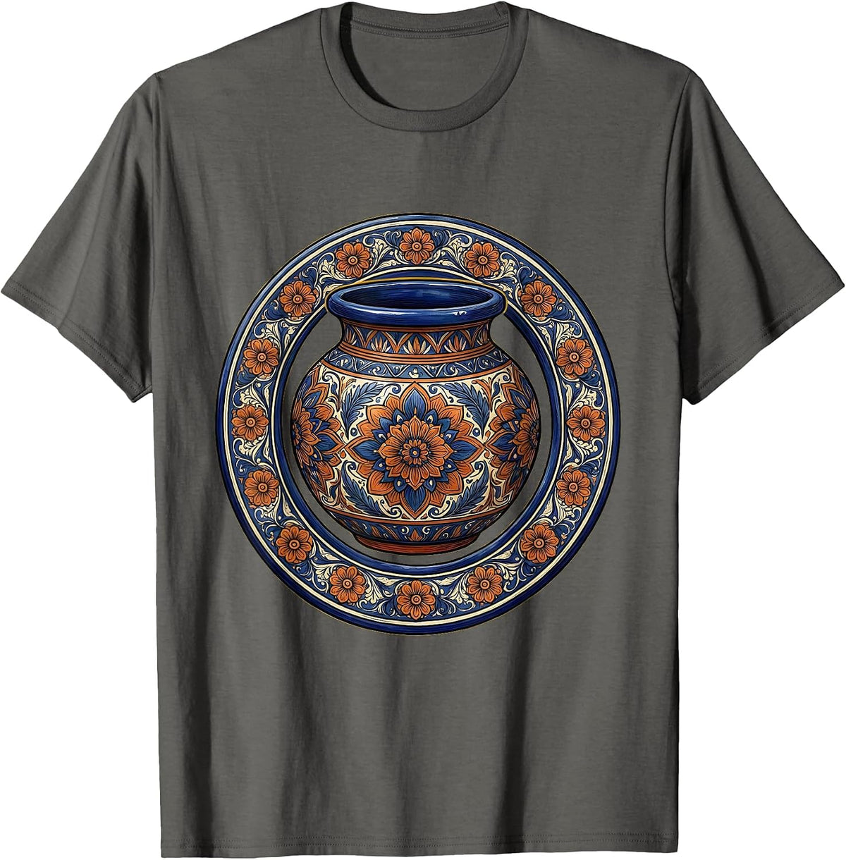 Mexican Talavera Pottery Floral Art Design T-Shirt - Asphalt Grey