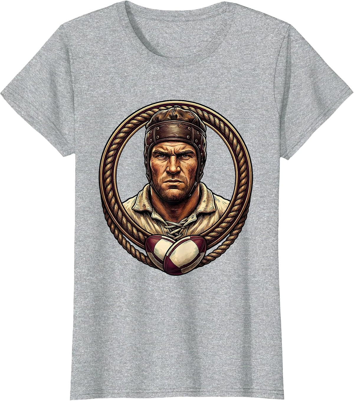 Vintage Rugby Player Old Leather Helmet Graphic T-Shirt - Heather Grey