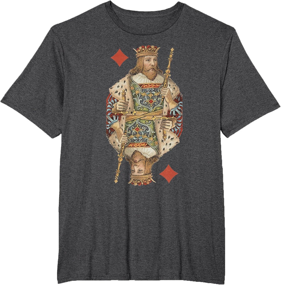 King of Diamonds Antique Art Nouveau Playing Card Art T-Shirt, Men's Big and Tall, Dark Heather Grey, 6X Tall - As Pictured