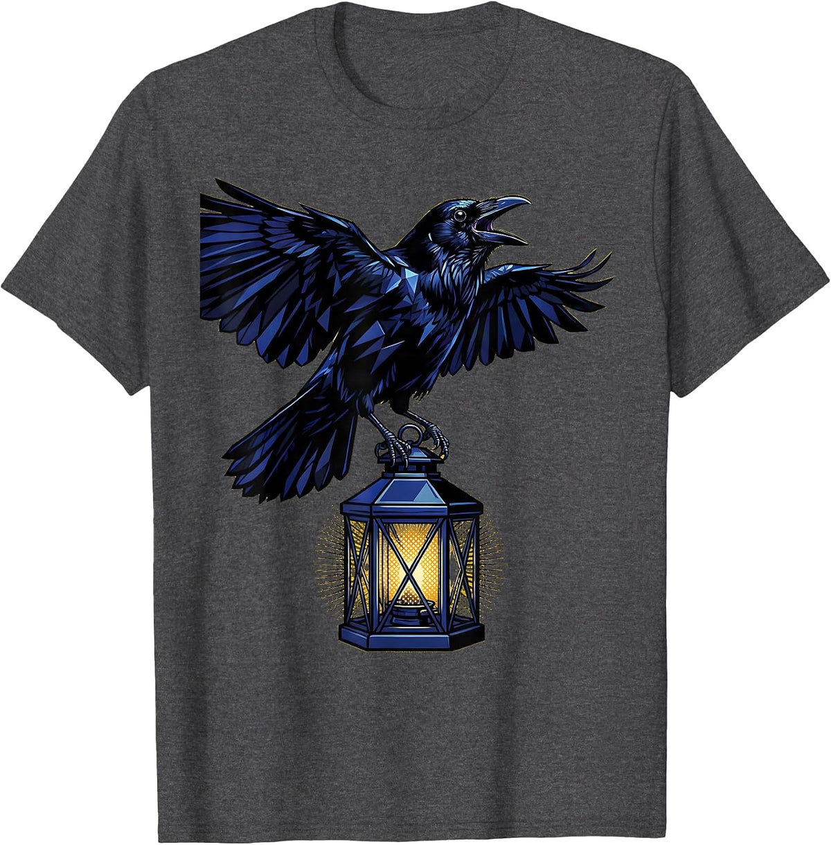 Crow Perched on Old Lantern Illustration T-Shirt - Dark Heather Grey