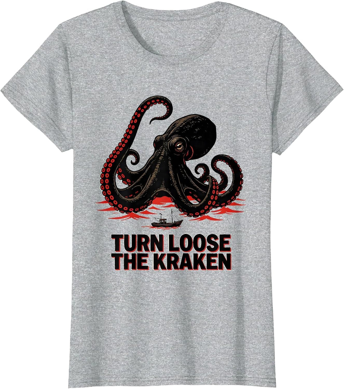 Turn Loose The Kraken Wood Type Letterpress Octopus Lover T-Shirt - Heather Grey