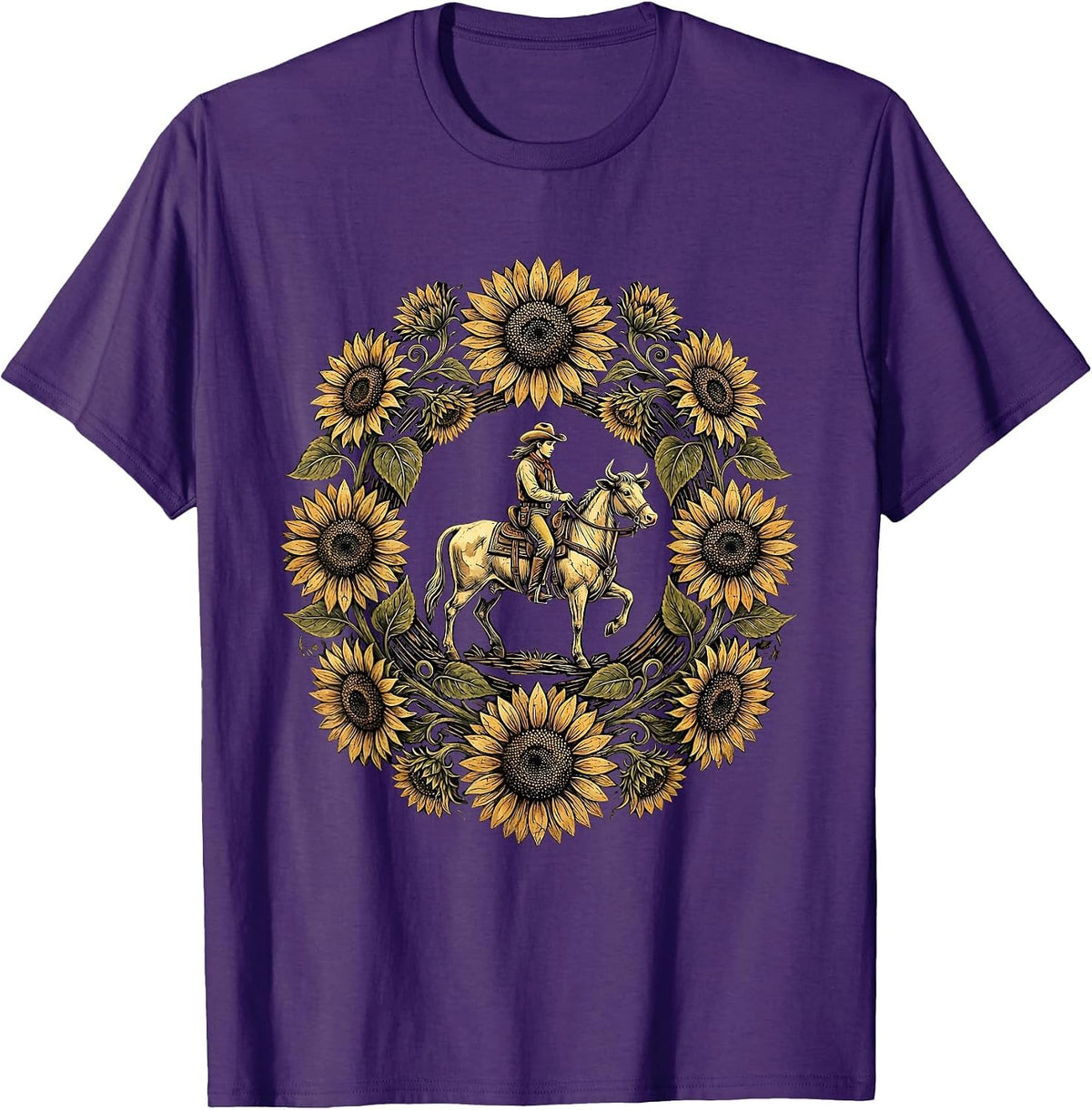 Cowgirl Riding Horse Through Sunflower Field T-Shirt - Purple