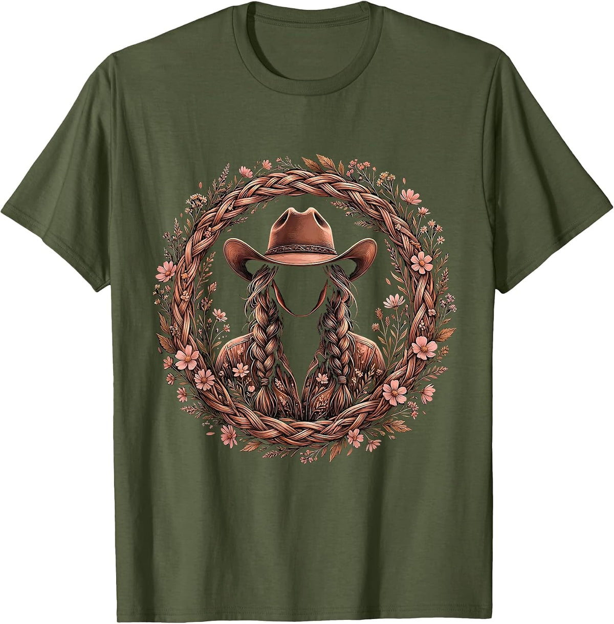 Men's Braided Cowboy Hat Western Illustration T-Shirt - Olive Green