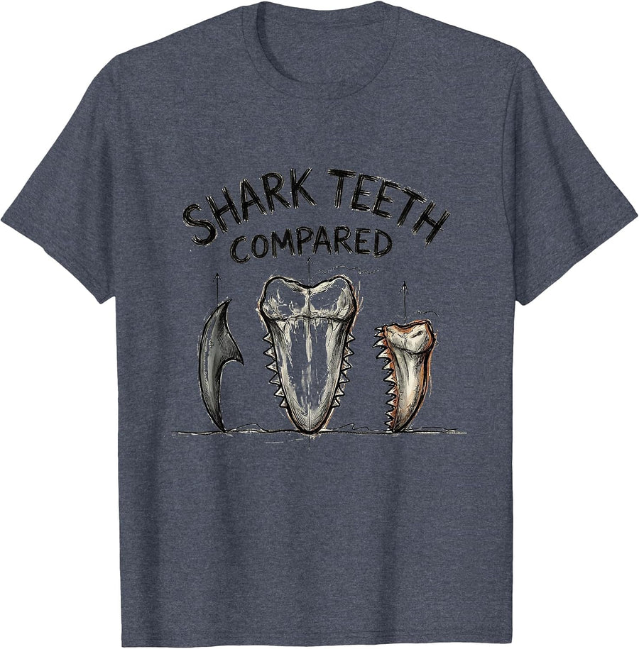 Shark Teeth Compared Hand Sketched Marine Biology Humor T-Shirt - Heather Blue