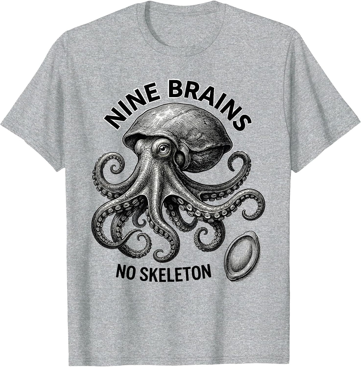 Men's Nine Brains No Skeleton Monochromatic Octopus Engraved Sea T-Shirt - Heather Grey