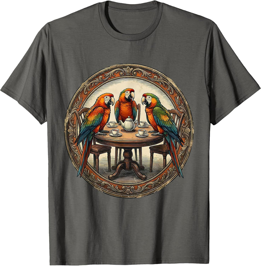 Chatty Parrots Tea Party Illustration T-Shirt - Asphalt Grey