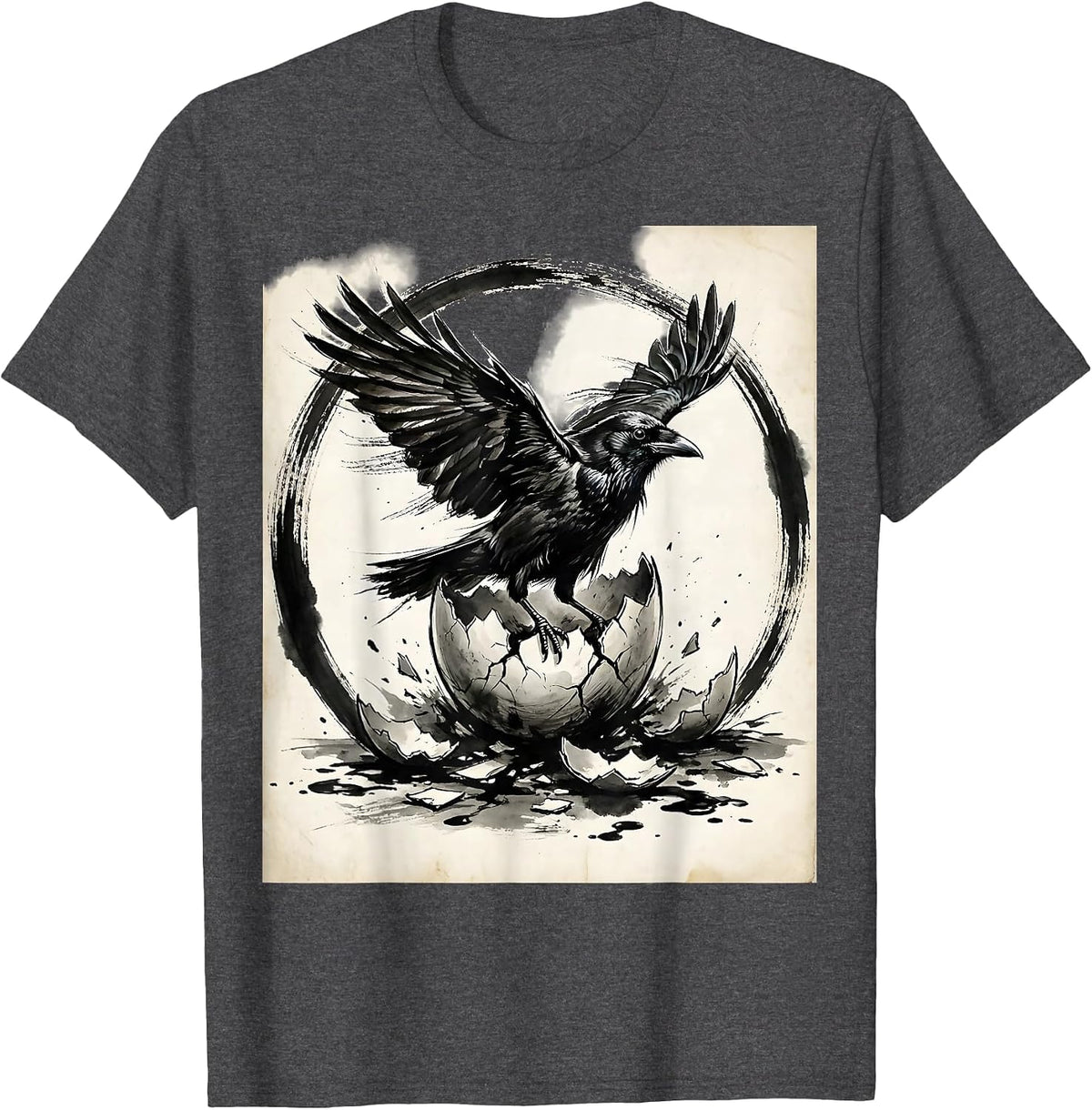 Crow Emerging From Broken Eggshell Illustration T-Shirt - Dark Heather Grey