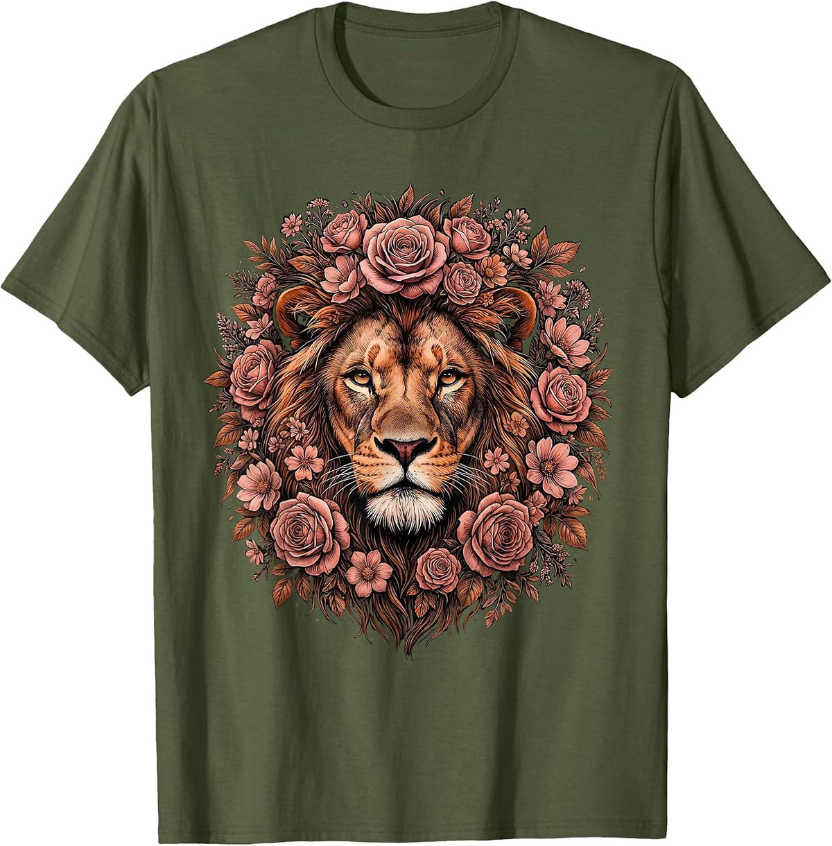Men's Gigi Bold Lioness Floral Mane Graphic Design T-Shirt - Olive Green