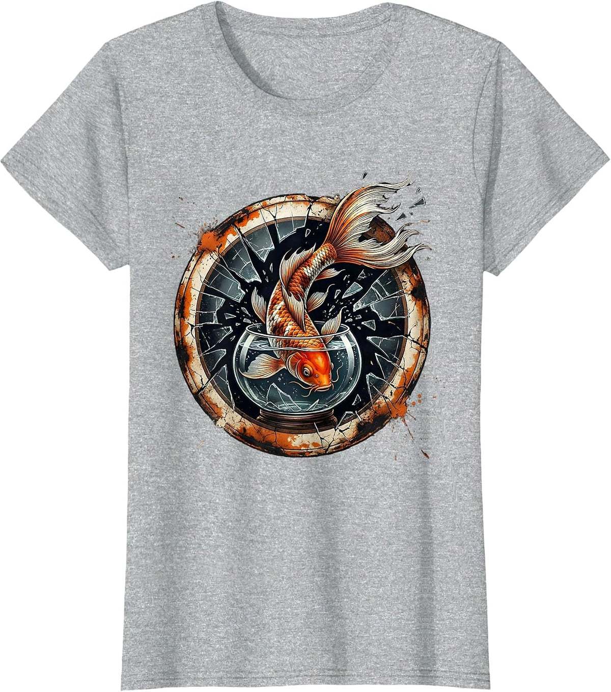 Koi Fish Leaping Out of Fishbowl Graphic Tee T-Shirt - Heather Grey