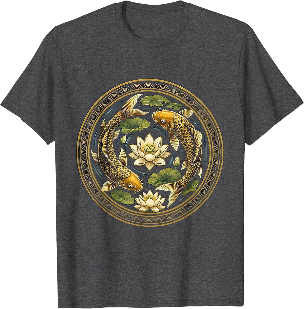Koi and Lotus Flowers Japanese Pond Design T-Shirt - Dark Heather Grey