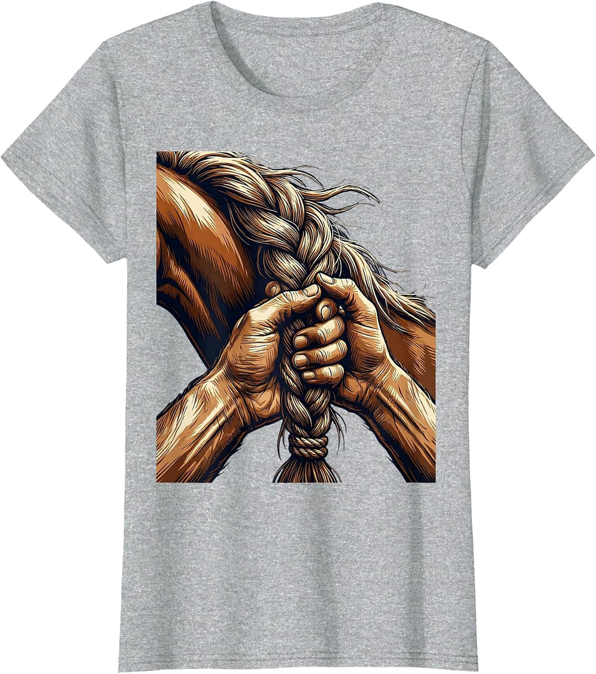 Horse Mane Braid Weathered Hands Rodeo Illustration T-Shirt - Heather Grey
