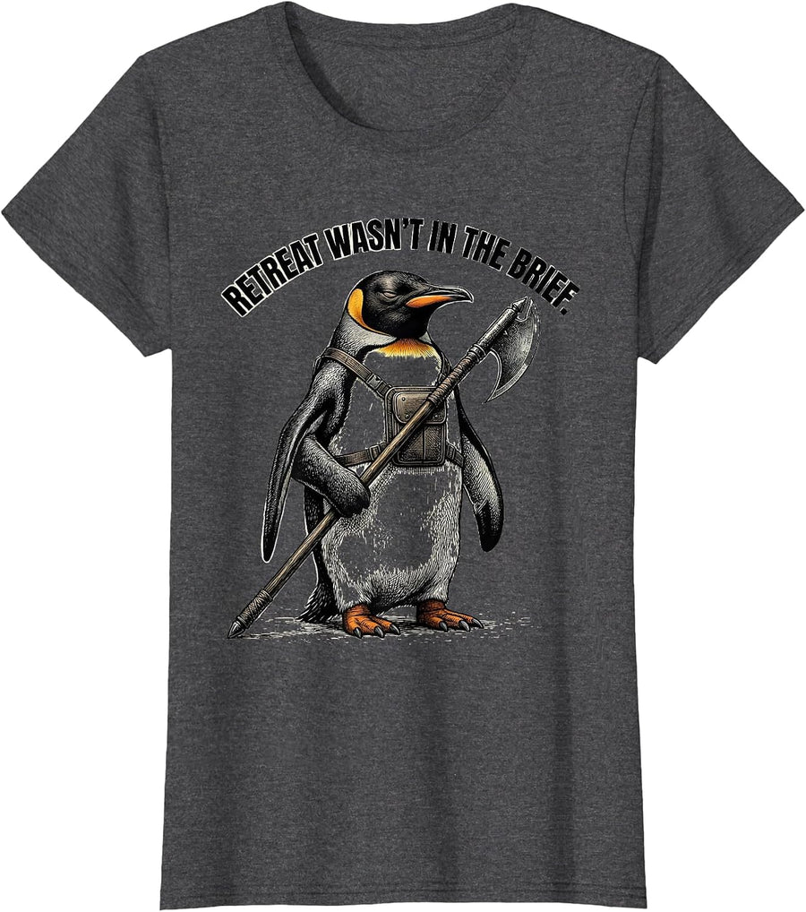 Women's Retreat Wasn't In The Brief Funny Tactical Penguin Meme T-Shirt - Dark Heather Grey