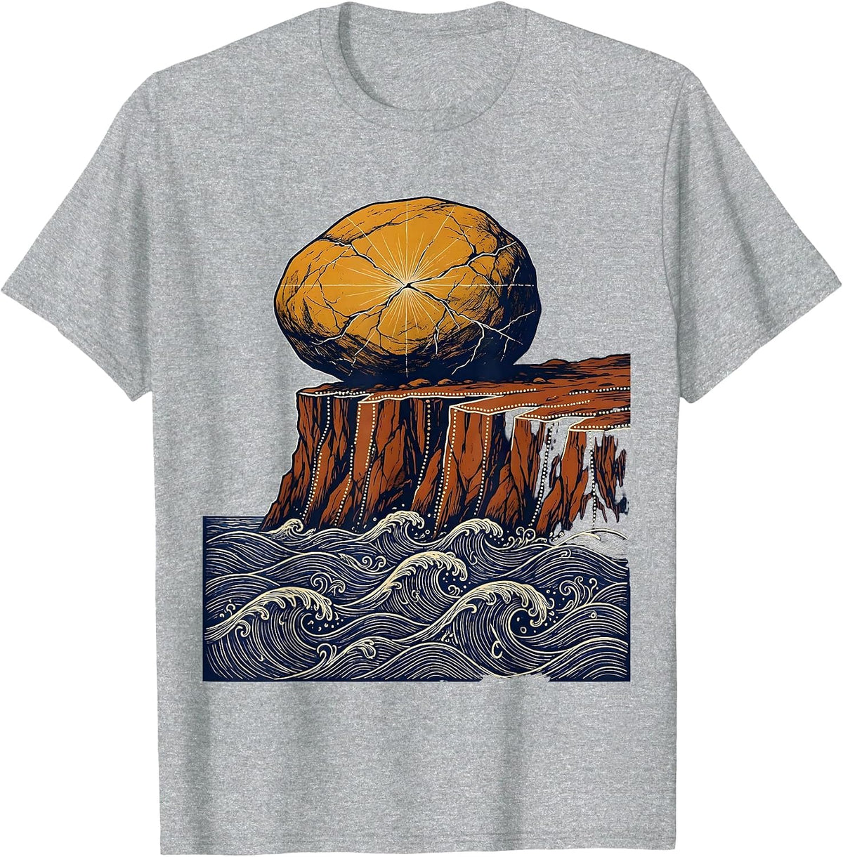 Men's Boulder on Cliff Edge Over Crashing Sea T-Shirt - Heather Grey
