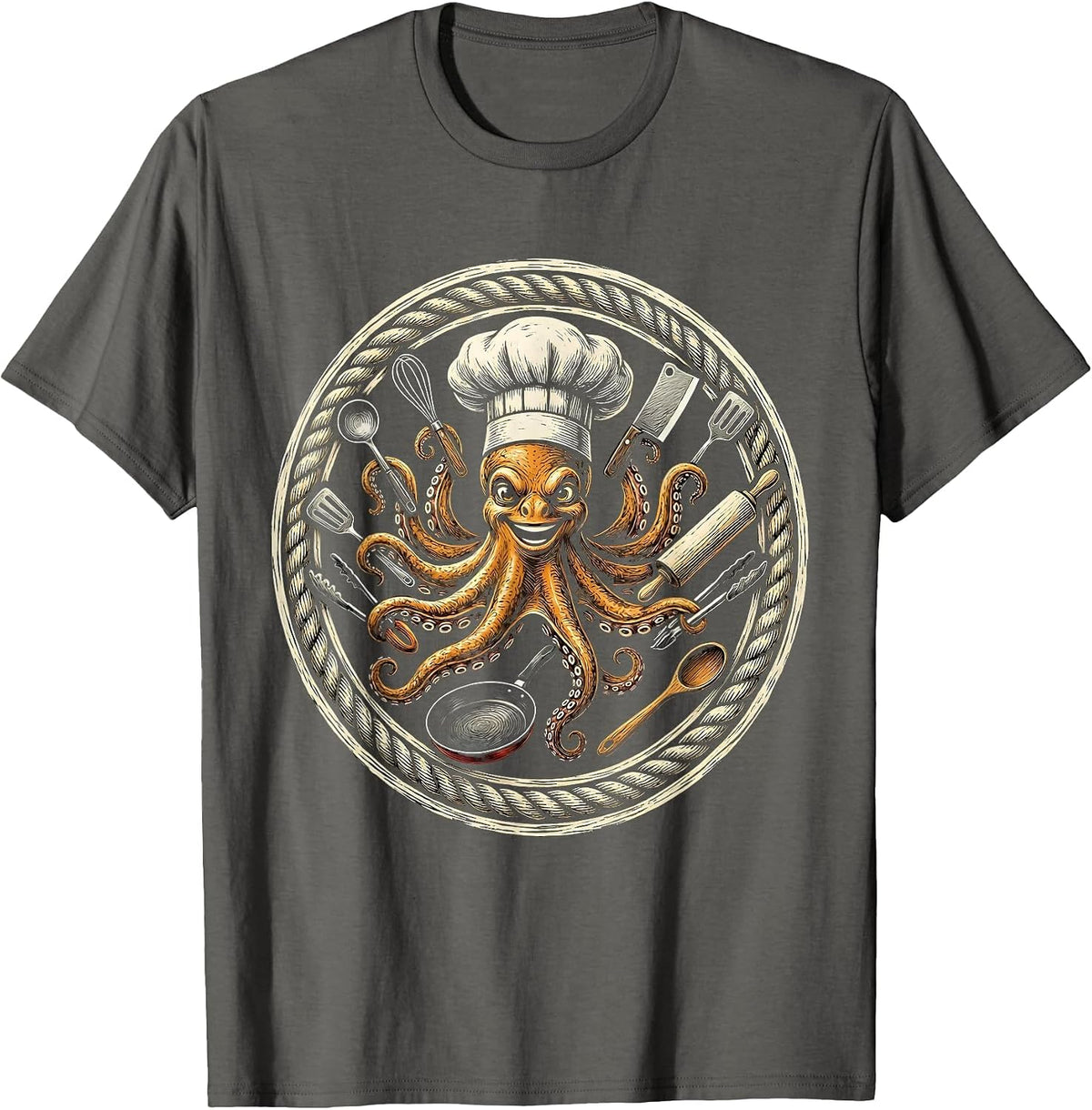 Men's Octopus Chef Juggling Kitchen Utensils T-Shirt - Asphalt Grey