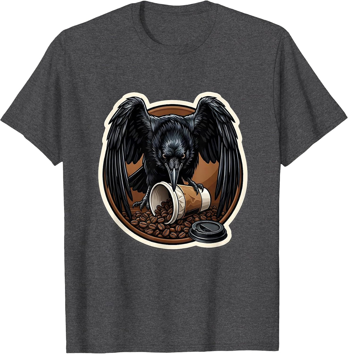 Crow Attacking Empty Coffee Cup Illustration T-Shirt - Dark Heather Grey