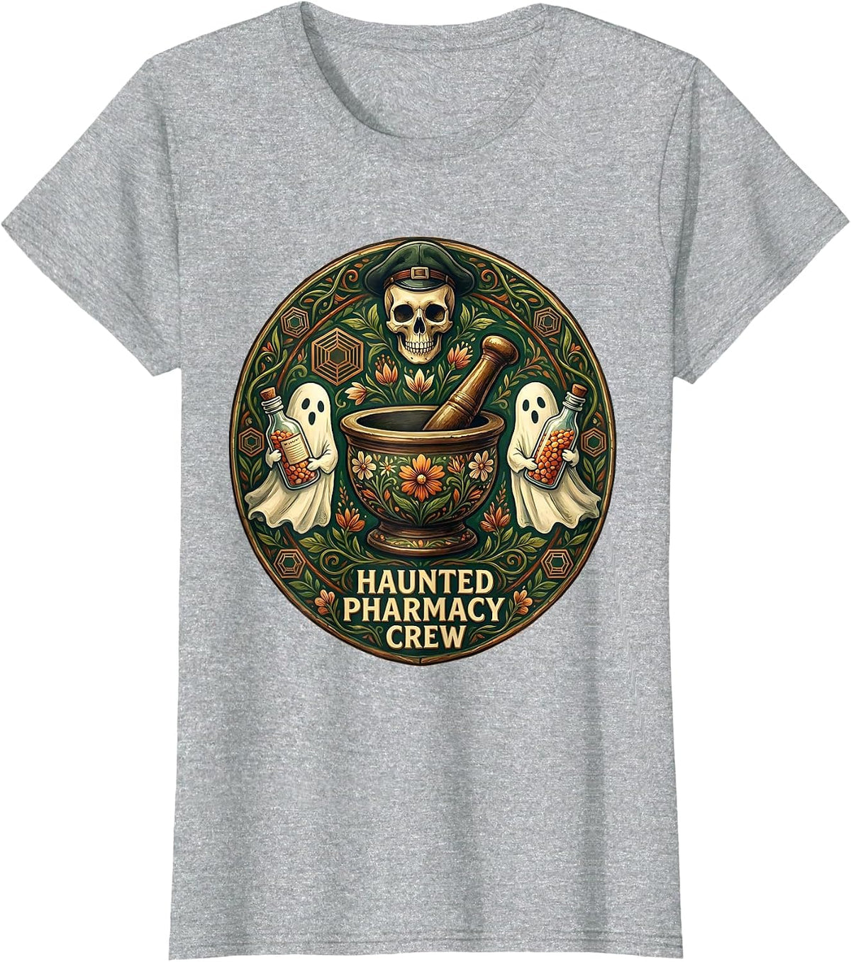 Haunted Pharmacy Crew Halloween Pharmacist Design T-Shirt - Heather Grey