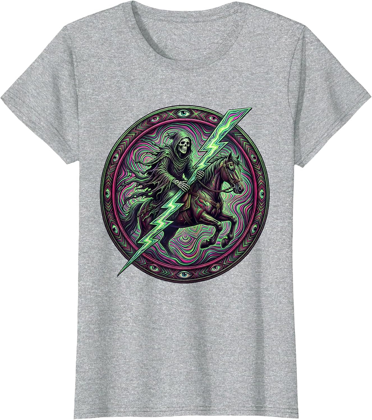 Grim Reaper Riding Lightning Bolt Heavy Metal T-Shirt - Heather Grey