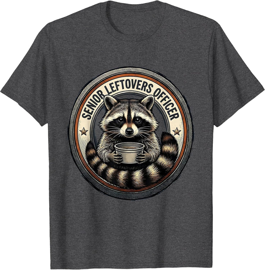Men's Senior Leftovers Officer Funny Raccoon Trash Panda Meme T-Shirt - Dark Heather Grey