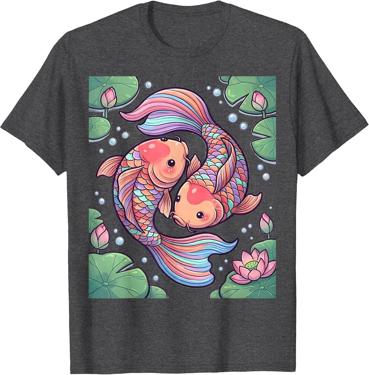 Men's Rainbow Koi Fish Pond Illustration T-Shirt - Dark Heather Grey