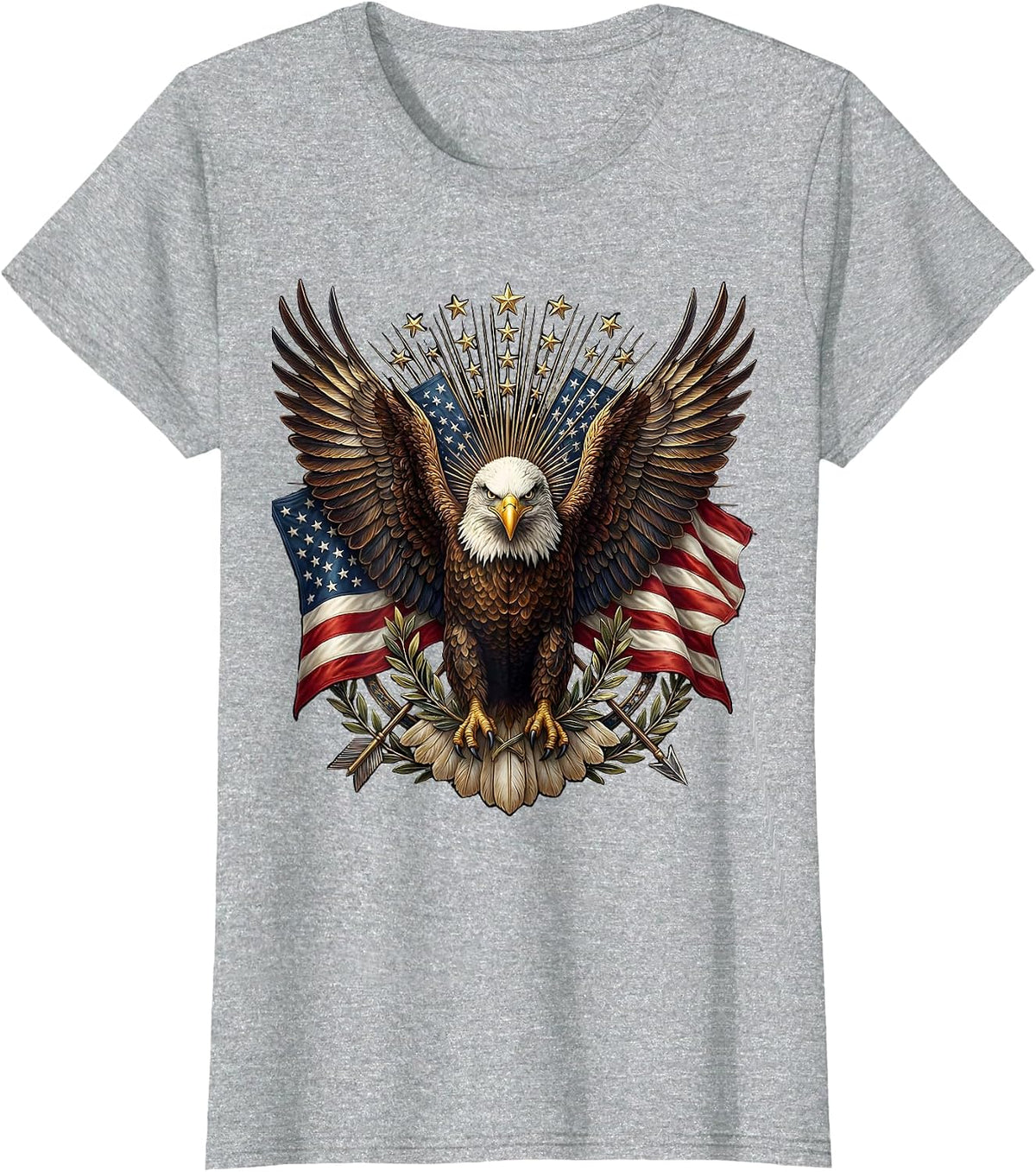 Bald Eagle Spread Wings Over American Flag T-Shirt - Heather Grey