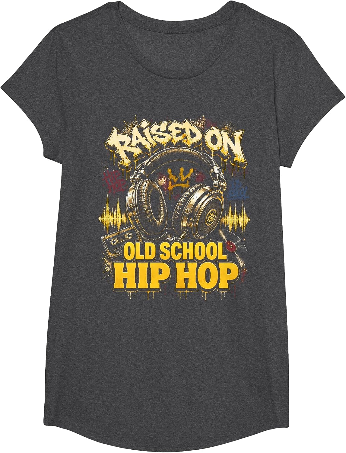 Raised On Old School Hip Hop Cassette Graffiti Rap T-Shirt, Girls, Dark Heather Grey, X-Small - As Pictured