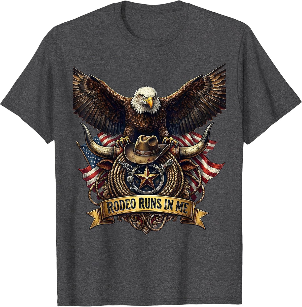 Men's Rodeo Runs In Me Western Cowboy Design T-Shirt - Dark Heather Grey