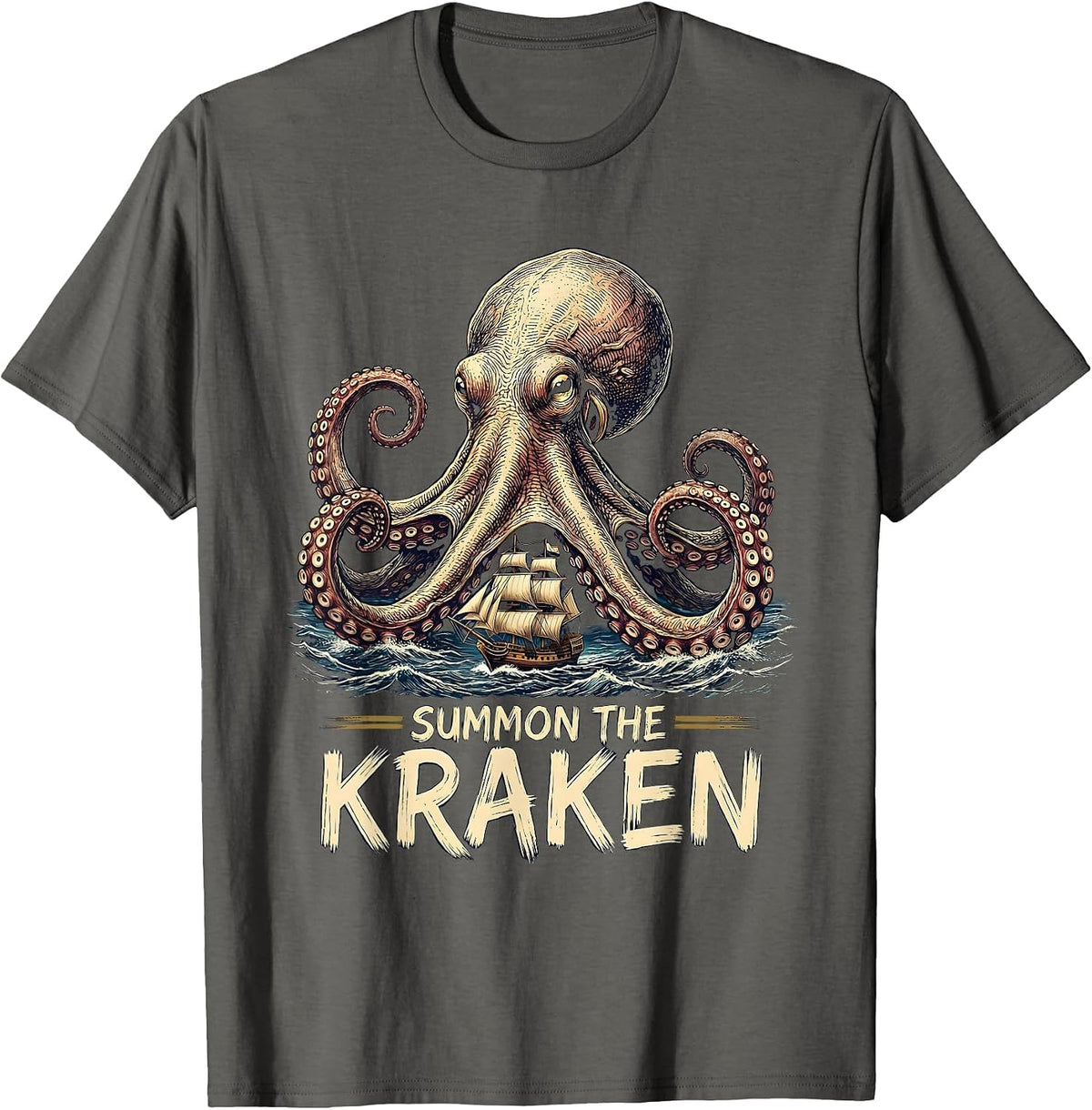 Men's Summon The Kraken Sign Painter Octopus Marine Biology Sea T-Shirt - Asphalt Grey