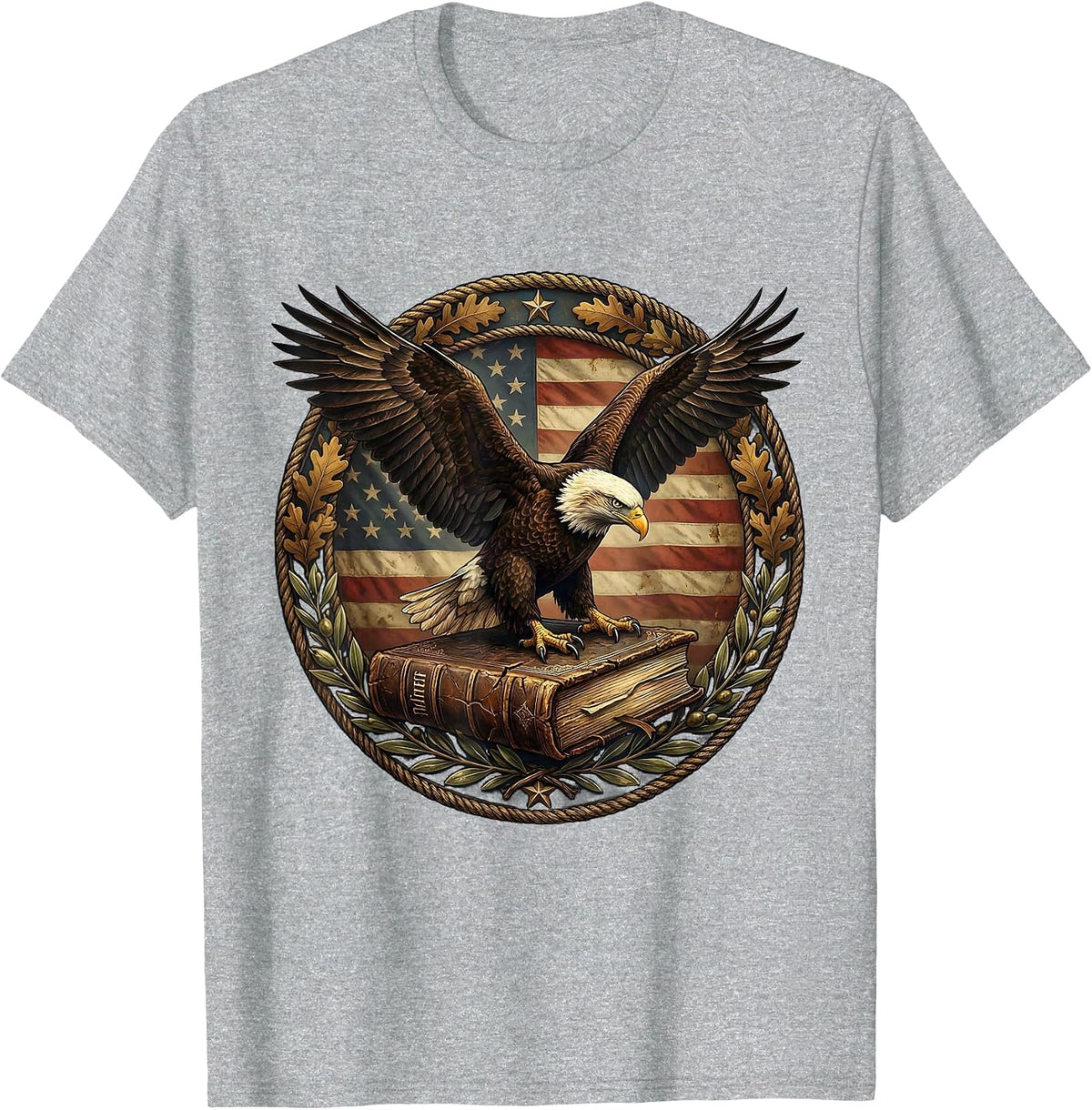 Men's Bald Eagle Perched on Bible Patriotic Graphic T-Shirt - Heather Grey