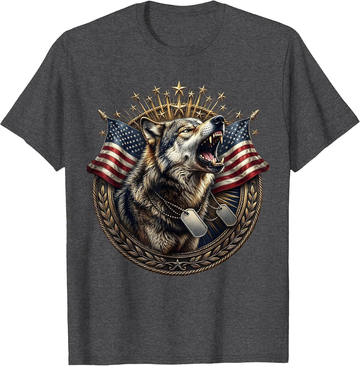 Wolf Howling Military Dog Tags Patriotic T-Shirt - Dark Heather Grey