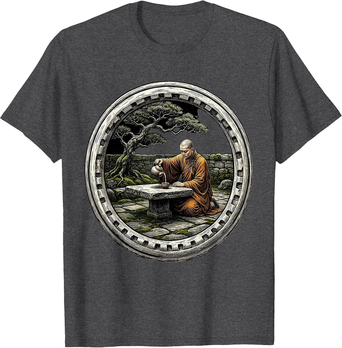 Monk Pouring Tea in Stone Courtyard Graphic T-Shirt - Dark Heather Grey