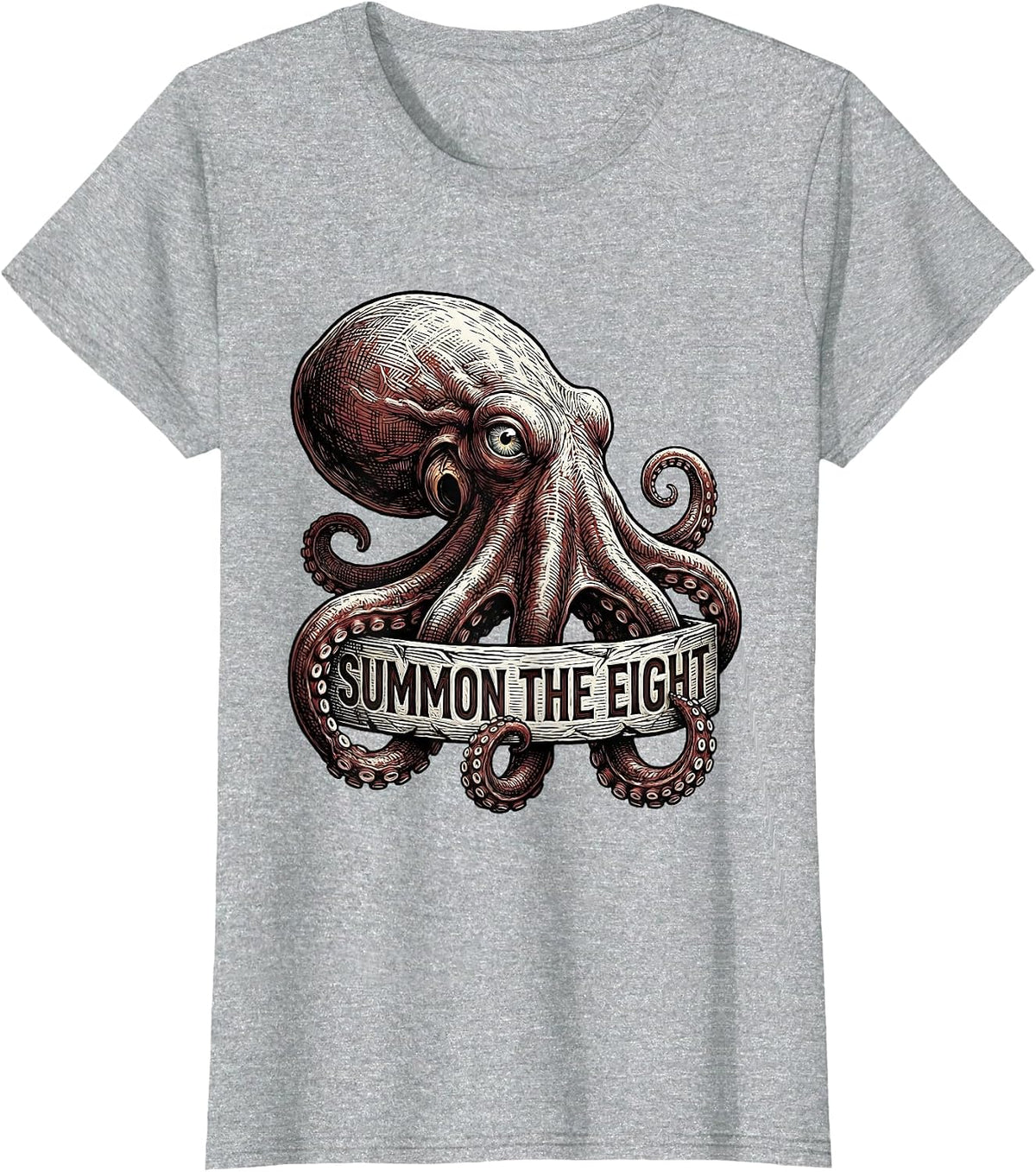 Summon The Eight Woodcut Octopus Sea Creature Illustration T-Shirt - Heather Grey