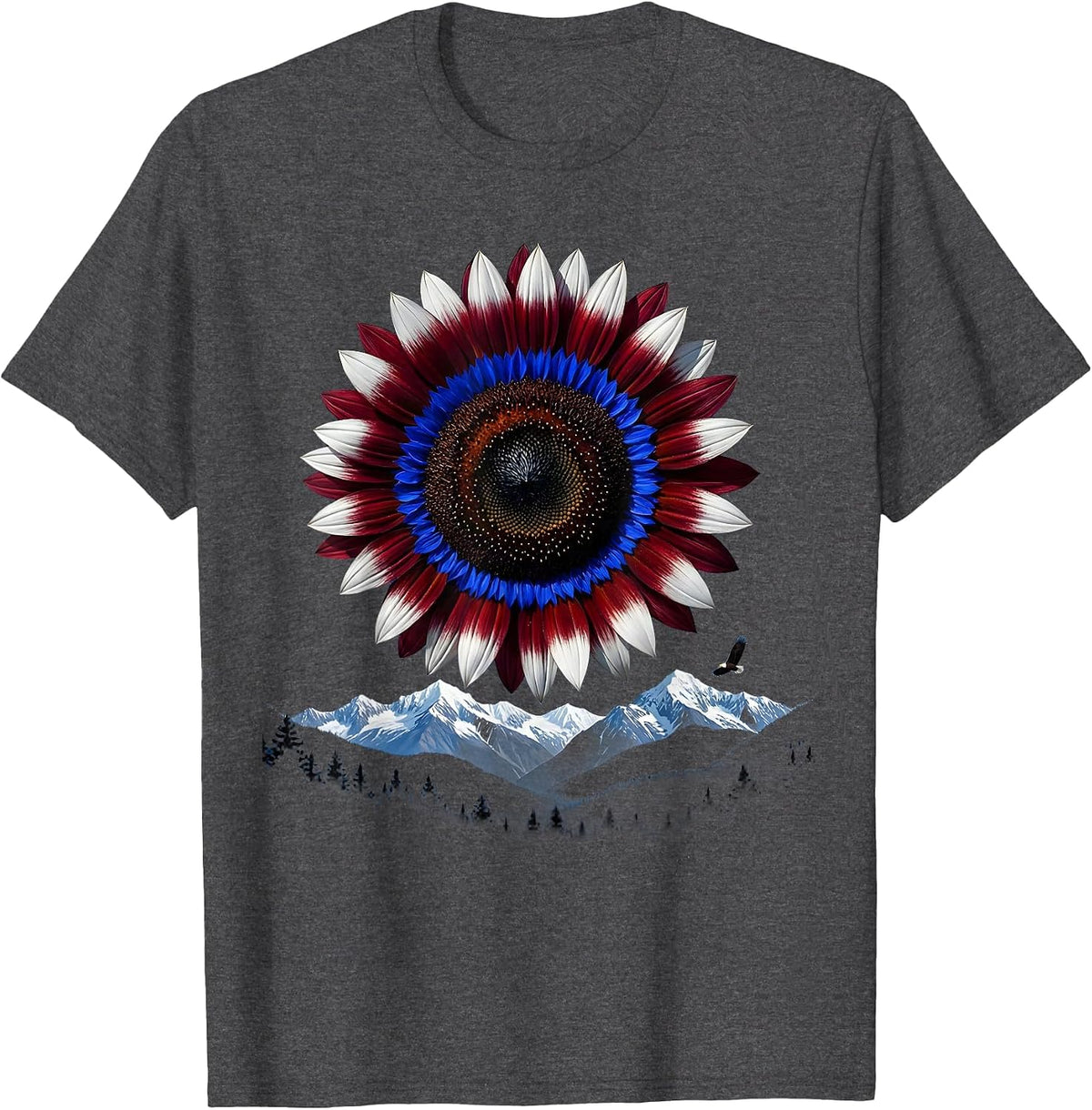 Red White and Blue Sunflower Patriotic Floral Design T-Shirt - Dark Heather Grey