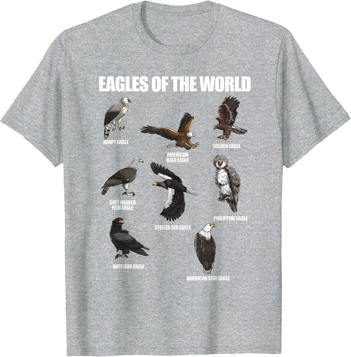 Eagles of The World Educational Large Bird Animal T-Shirt - Heather Grey
