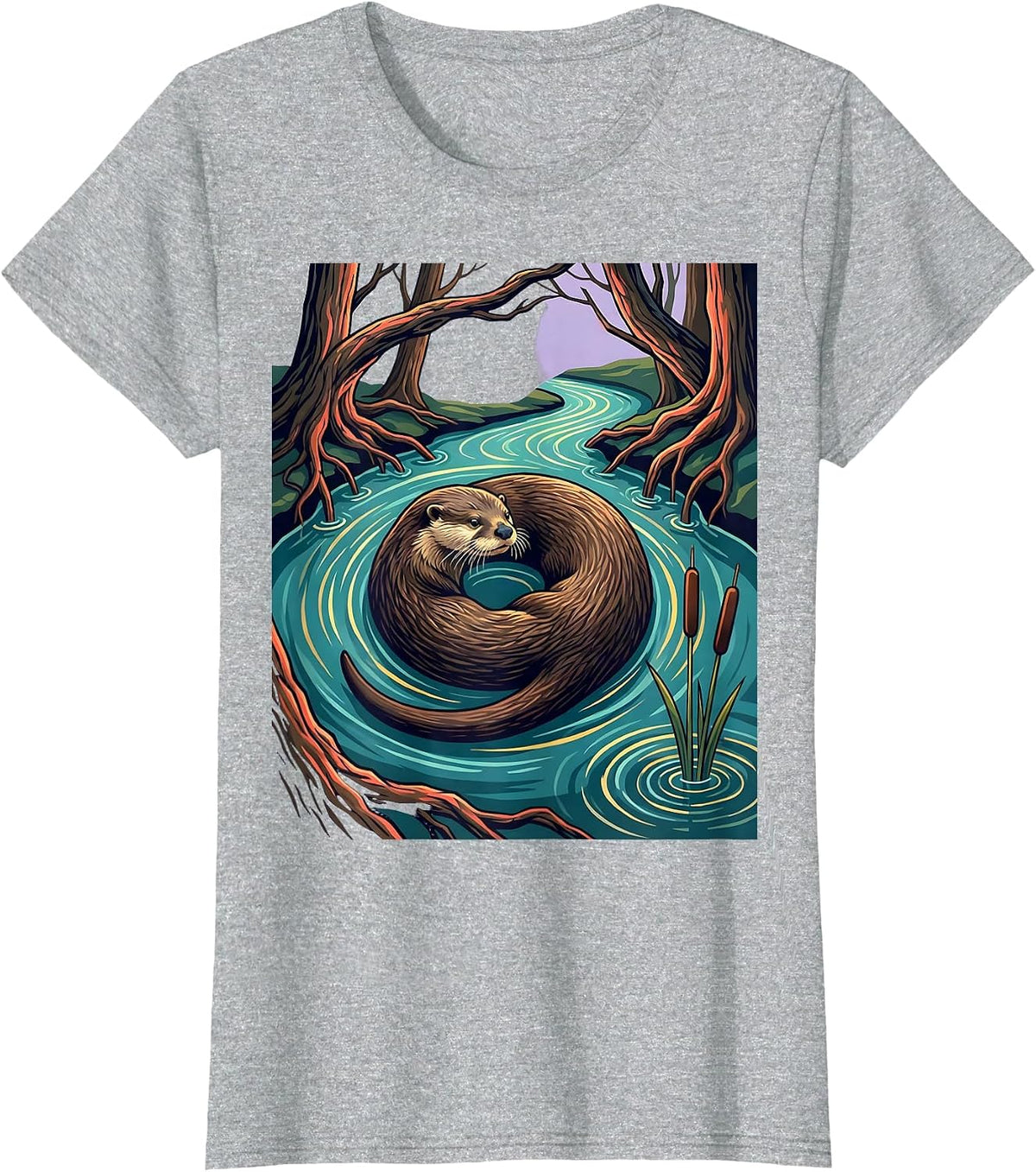 Women's River Otter Woodland Stream Nature Lover Retro T-Shirt - Heather Grey