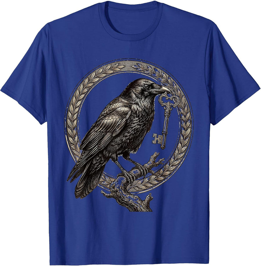 Crow With Shiny Key Illustration Design T-Shirt - Royal Blue