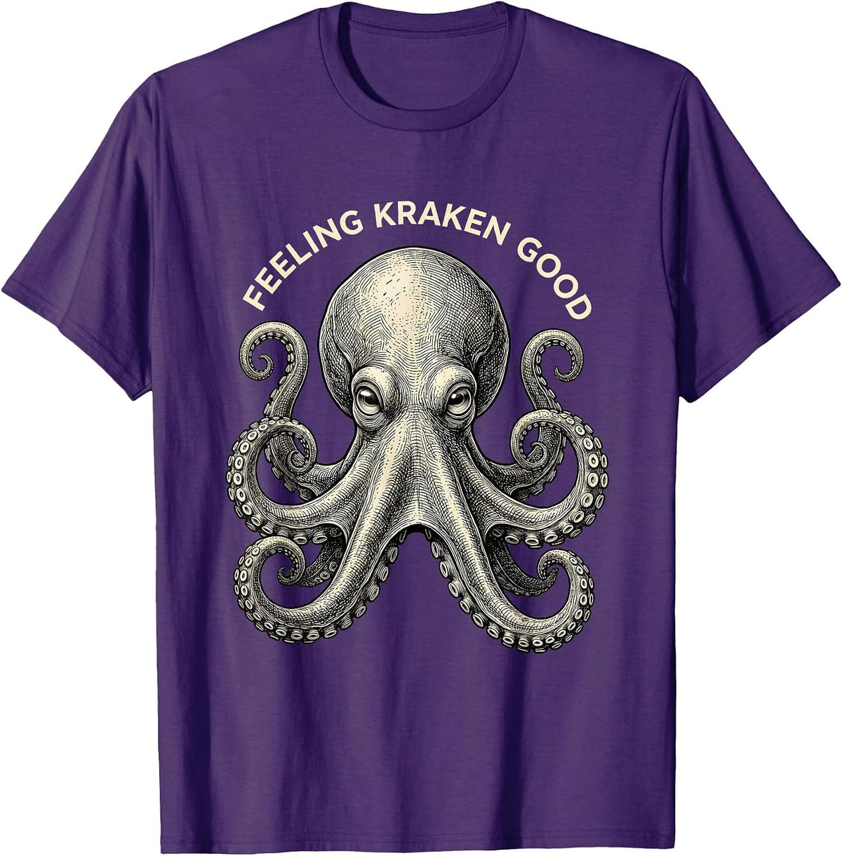 Feeling Kraken Good Crosshatch Octopus Portrait Ocean Animal T-Shirt - Purple